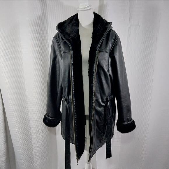 STUNNING BLACK GENUINE LEATHER HOODIE, BELTED WAIST, PLUSH LINED COAT! SZ XL - Picture 4 of 12